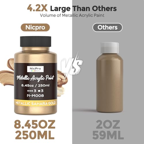 Image of Nicpro Metallic Sahara Gold Acrylic Paint, 8.45oz /250ml Gold Leaf Paint | Large, Non Toxic, Non Fading Gold Paints for Metal, Wood, Craft, Clay, Fabric, Canvas, Furniture, Handcrafts, Art Supplies
