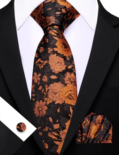 Image of Barry.Wang Flower Ties for Men Silk Woven Floral Tie Sets Necktie Handkerchief Cufflinks Wedding Party