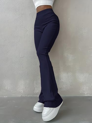 Image of Jawdrobe Women's High Waist Ribbed Flared Pants Stretchable Slim Fit Bootcut Trousers Soft Knit Casual Wear for Daily Office Travel (for Ideal Height 5.3)