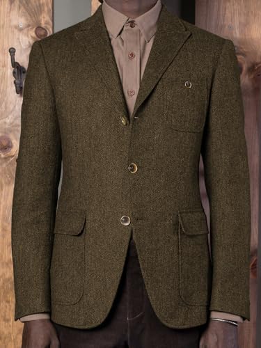 Men's Tweed Jackets Herringbone Peaked Lapel Three Buttons Vintage Blazer British Sport Coat with Pockets2