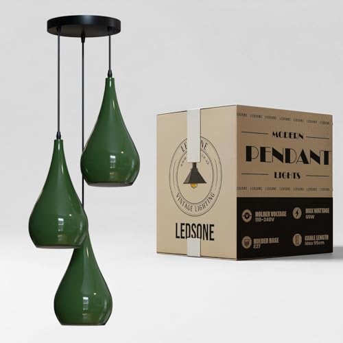 LEDSone Suspension Luminaire Plafonnier Métal 3 positions en forme de goutte d'eau avec abat-jours verts modernes ES E27