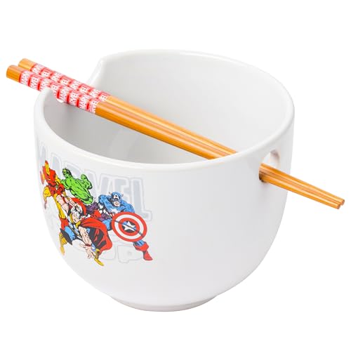 Silver Buffalo Marvel Retro Group Avengers Featuring Captain America, Hulk, Thor, and Iron Man Ceramic Ramen Bowl with Chopsticks, 20 Ounces