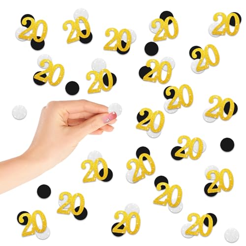 Number 20 Confetti, Gold Glitter 20th Birthday Table Confetti, 200pcs Black Silver Dots Paper Scatters, Gold Twenty Cut Out for 20th Anniversary Party Table Decoration