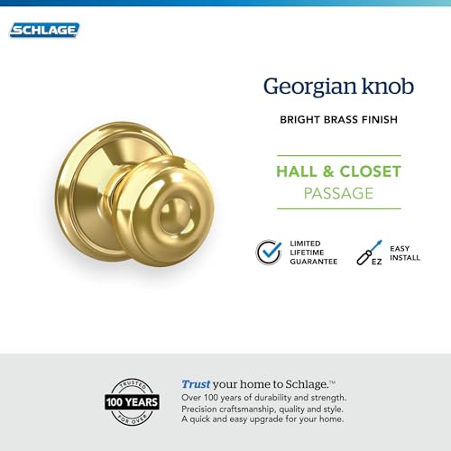 Image of Schlage F10 GEO 605 Georgian Door Knob, Hall & Closet Passage Lock, Bright Brass