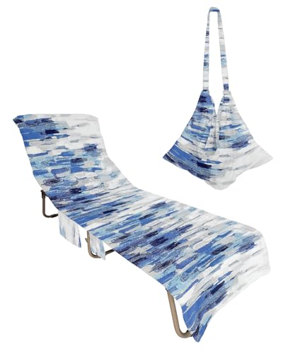 Blue Ombre Beach Lounge Chair Towel Cover, Soft Chaise Lounge Towel with Side Pockets Patio Pool Chairs Cover for Beach/Pool Sunbathing 29x85 Modern Oil Painting Abstract Art Aesthetics
