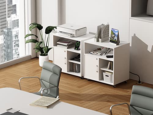 Choochoo Lateral File Cabinet With Charging Station, Rolling Filing Cabinet With Lock, Wood Lockable Printer Stand With Storage, Mobile Home Office Storage Cabinet For A4/Letter/Legal Size, White #TOP6