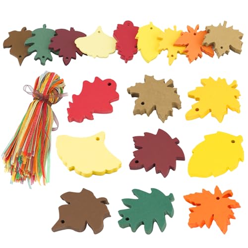 jijAcraft 180Pcs Paper Leaves Gift Tags with Ribbon - Maple Leaf Tags for Thanksgiving, 9 Styles Fall Leaves Labels, Fall Cutouts for Thanksgiving Gift Wrap, Classroom Leaves Cutouts, Wish Tree