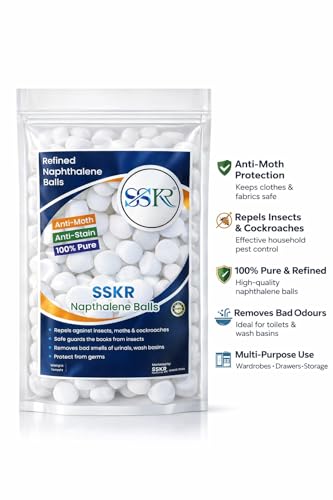 Image of SSKR Refined Naphthalene Balls | Anti-Moth & Anti-Insect Protection | 100% Pure | Wardrobe, Cupboard, Toilet Odour Remover - Pack of 450 GMS