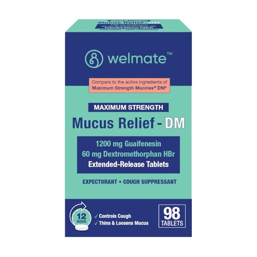 WELMATE Maximum Strength Mucus Relief DM 98 Tablets 1200mg Guaifenesin + 60mg Dextromethorphan HBr - 12-Hour Chest Congestion Cough Suppressant - Extended-Release Bi-Layer Tablets for Adults