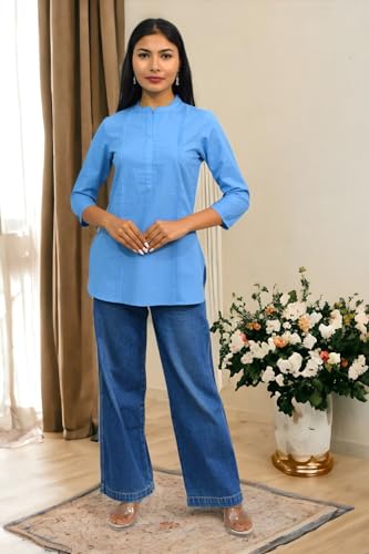 Image of JAIPUR HAND BLOCK Women's Pintuck Plain Short Cotton Kurti|Top STYLE-S91