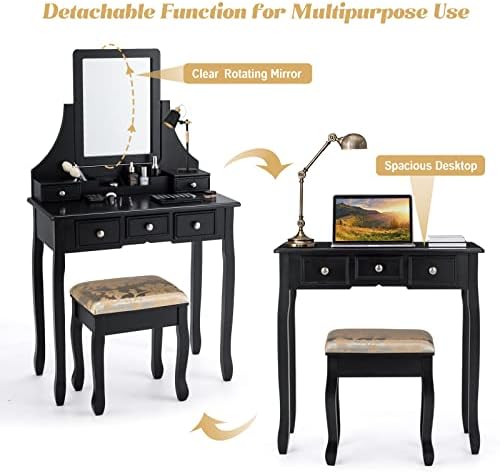 COSTWAY Dressing Table Set, Wooden Detachable Makeup Dresser Table Stool with Mirror, Home Bedroom Vanity Cosmetic Furniture Gift for Women Girls (without LED Lights)