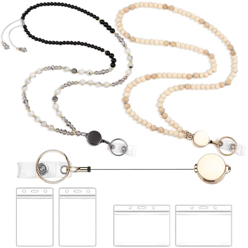 MAPVOLUT TINCTISH Natural Stone And Wooden Beaded Lanyard Set - Retractable Teacher Lanyard for ID Badges, Keys & Cruise Cards, Women's Fashion Accessory Gift