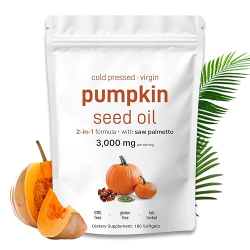 Pumpkin Seed Oil Capsules with Saw Palmetto Cold Pressed 3000mg Hair Growth & Prostate Support Vegan High Strength 180 Capsules