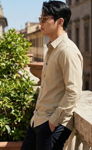 Image of Men's Long Sleeve Dress Shirt,Light Beige, Button Down, Chest Pocket, Casual Formal Wear