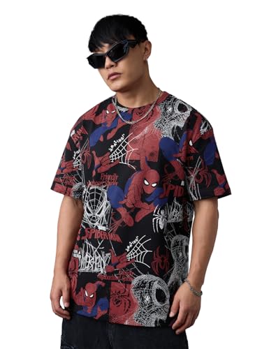Image of The Souled Store Official Marvel: Spider x Venom Oversized T-Shirt for Men Boys Cotton Casual Half Sleeves Baggy Loose Fit Drop Shoulder Round Neck Black