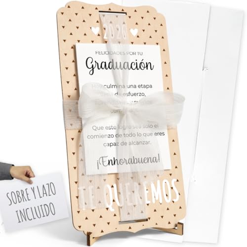 nagu® Graduación. Regalos para Graduados. Tarjeta Regalo Personalizada para Fin de Curso, Universidad o Regalos Invitados Boda de Madera, con Lazo, Sobre, Soporte y Letras Para Regalar Foto o Dinero