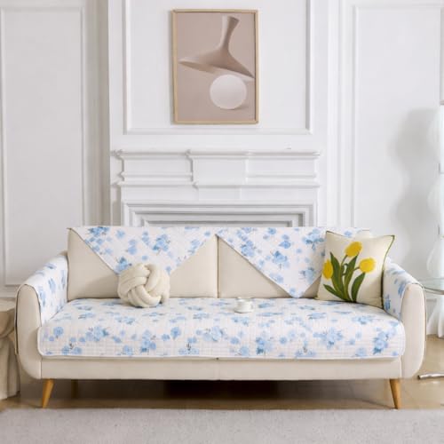 Image of HOMETHREADS Anti-Skid Sofa Protector Mat: Premium Printed Cotton Slipcover with Strong PVC Non-Slip Backing, (White Blue, 1Pc Backrest | 70x75cm)