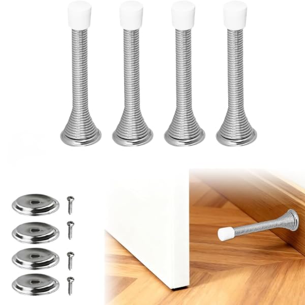 Garden Mile Spring Door Stops 4 Pack – Heavy Duty Stainless Steel Stoppers with Rubber Tips, Wall Mounted Long Door Stops for Skirting Boards, Protect Walls & Doors, Silver