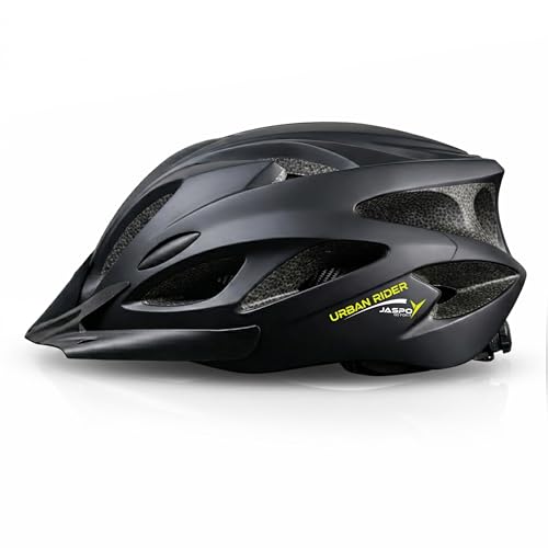 Image of Jaspo Urban Rider Plus Cycling Helmet with Adjustable Spin Dial (Upto 5cm) | Detachable Visor | Quick-Release Buckle with Padded Chin Strap | Ideal for Men, Women & Kids (Black, Large (58-63cm))