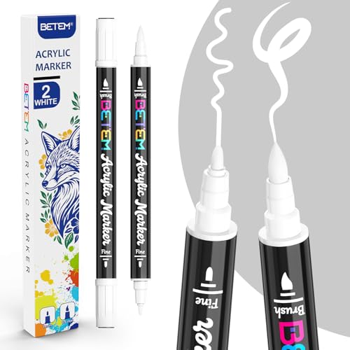 Betem Dual Tip Acrylic Paint Pens 2 White Paint Markers for Glass Window Fabric Wood Rock Canvas Acrylic Markers with Fine & Brush Tip Art & Craft Supplies Teacher Appreciation Gift