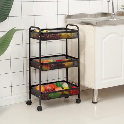 ECOSTAR 1618 Carro Auxiliar de Almacenaje de Metal con 4 Ruedas Giratorias,Verdurero Camarera con 3 Cajones de Malla Metálica, Negro, 74x41x27 cm