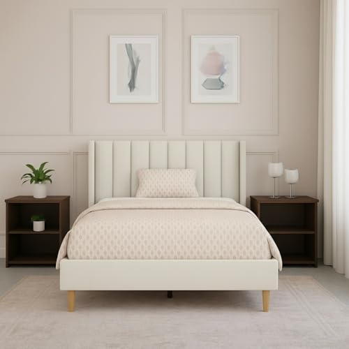 Image of Metal Upholstered Bed King Size Without Storage | Wooden King Size Cot with Headboard | Double Size Bed for Bedroom | Palang Furniture for Guest Room & Hotels, Cream, (Cream)