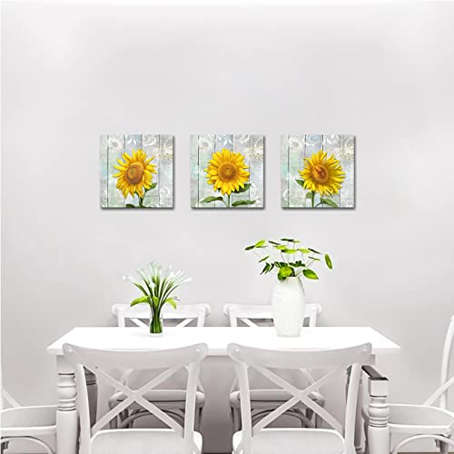 Tiuauit Sunflower Kitchen Decor Canvas Art Yellow Flower Picture Rustic Artwork Floral Prints Stretched And Framed Ready To Hang For Home Decoration 12"X12"X3Pcs #TOP3