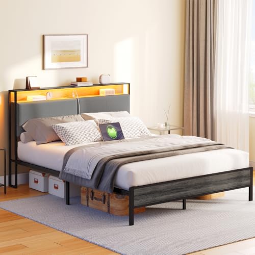 HOOBRO Full Bed Frame, Metal Platform Bed Frame with Storage Headboard, Bed Frame with Charging Station and LED Light, Charcoal Gray BCG03UDBF01 by HOOBRO - Image 4