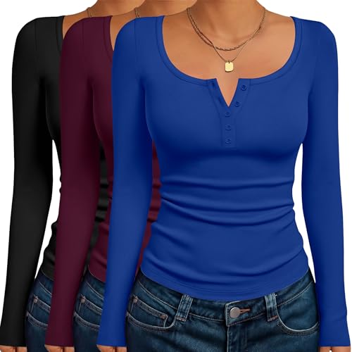 Ekouaer Long Sleeve Shirts for Women 3 Packs Henley Fall Button Tops Slim Fit Casual Thermal Underscrub Black/Wine Red/Blue (3pcs) L
