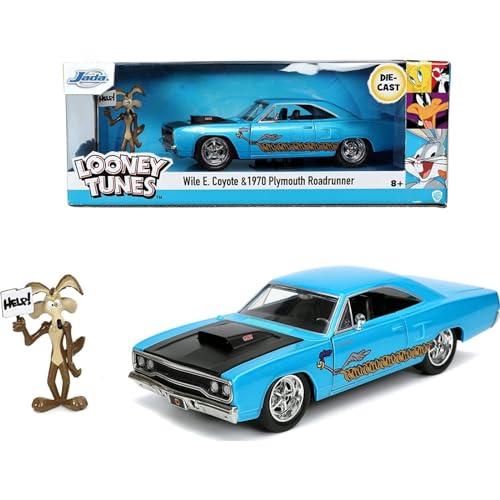 Jada 253255028 Vehículo Correcaminos Plymouth 1970 con Figura Coyote, Multicolor, 1:24