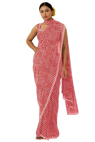 Image of MIRCHI FASHION Saree for Woman Georgette Solid with Satin Stripes | Stone Border Farewell and Ceremonial Sari with Blouse Piece