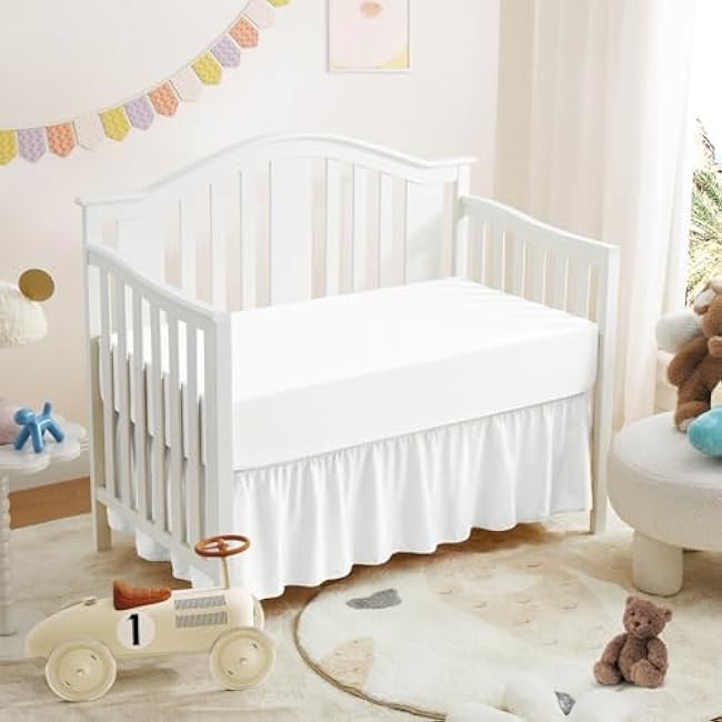 Horbaunal 2 Pack Crib Skirt & Crib Bed Sheet Set, White Crib Bed Skirt 28 x 52 with 14 Drop Dust Ruffle, Soft Microfiber Toddler Bedskirt Nursery Bedding Skirt for Baby Girls and Boys