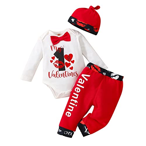 Bebé Niño 3 Piezas Conjunto de Ropa para San Valentín Traje Casual para Niño Pequeño Top Body Blanco de Manga Larga + Pantalones Largos Rojo + Sombrero (Negro, 0-3 Meses) Cover