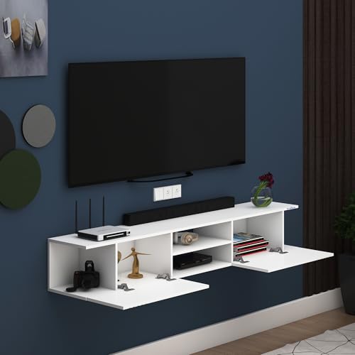 Image of Anikaa Nimbus Wall Mount TV Unit Cabinet | Modern Entertainment Center with Storage, Drawers, Shelves & Soft-Close Doors | Stylish Floating TV Stand for Up to 50 inch TVs - White (DIY Installation)