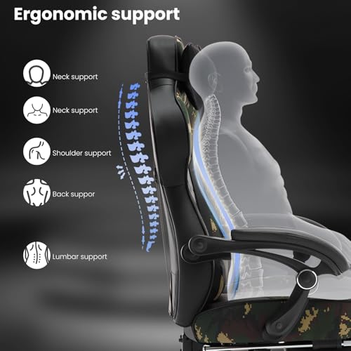 Sedia Gaming Pelle PU Sedia Ufficio Ergonomica con Poggiapiedi, Livestreaming Girevole Poltrona Gaming con Schienale & Sedile Grandi per Persone di Taglia Grande Camuffare - Sedia gaming - Immagine 8