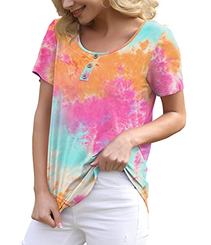 Feiersi Women's Summer Floral Tunic Tops Casual Blouse Short Sleeve Buttons Up T-Shirts(Tie Dye Colorful Orange,X-Large) #TOP1