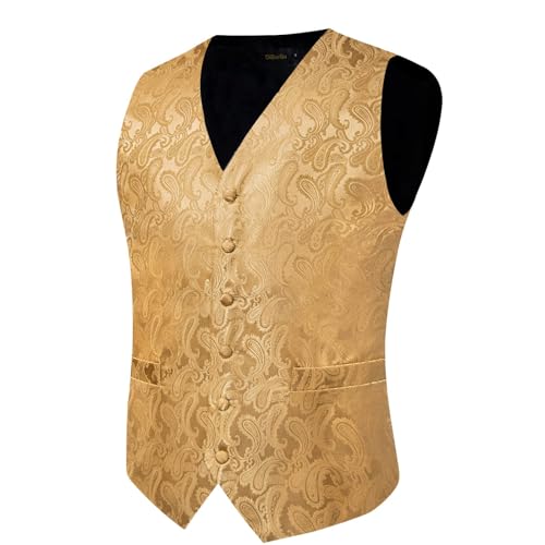 Image of DiBanGu Mens Vest and Tie Set Formal Paisley Waistcoat and Necktie Pocket Square Cufflinks Silk Suit Vest for Tuxedo Wedding