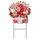 Amyhill Valentines Day Outdoor Decoration Metal Garden Stakes 25 Inch Rose Floral Welcome Yard Signs Decoration Red Pink Decorative Garden Stake Decor for Valentines Wedding Outdoor Patio Lawn Walkway