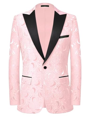 Men's Floral One Button Blazer Slim Fit Contrast Collar Formal Tuxedo Jacket for Prom Wedding Party