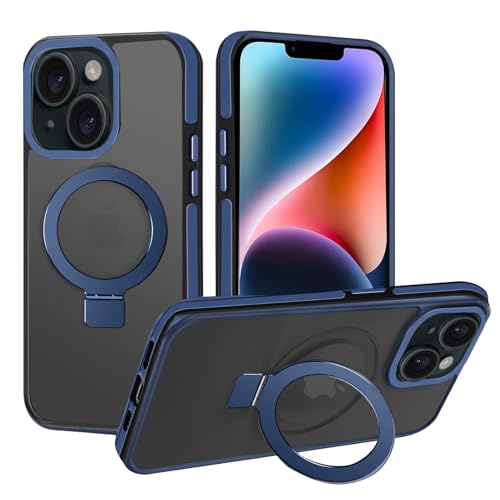 Image of amazon basics Grip Case for iPhone 13 and iPhone 14 | Horizontal and Vertical Metal Rotating Stand Included (Blue)