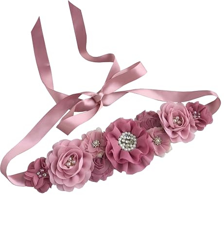 Dusty Pink Maternity Sash Belt for Baby Shower, Flower Sash Belt for Maternity Dresses