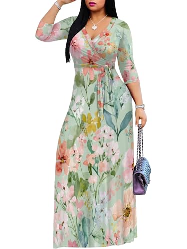 Image of SUZONANA Plus Size Dresses for Women Floral Print Maxi Dress Flowy 3 /4 Sleeve with Belt