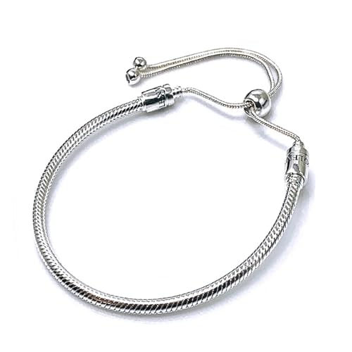 Bolenvi European Charm Bracelet - Adjustable 3mm 925 Sterling Silver Snake Chain for Charms, Compatible with Pandora Beads & Pendants - Clip On/Off Sliding Bracelet