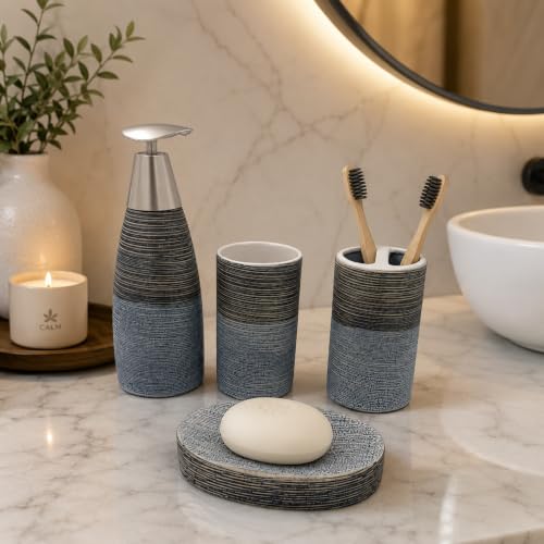 Image of Whizzo Premium Grey Bathroom Accessories Set of 4 - Soap Dispenser, Toothbrush Holder, Tumbler & Soap Dish - Modern Textured Ceramic Bath Set for Wash Basin Countertop, Best Gifting (BS-837, Grey)