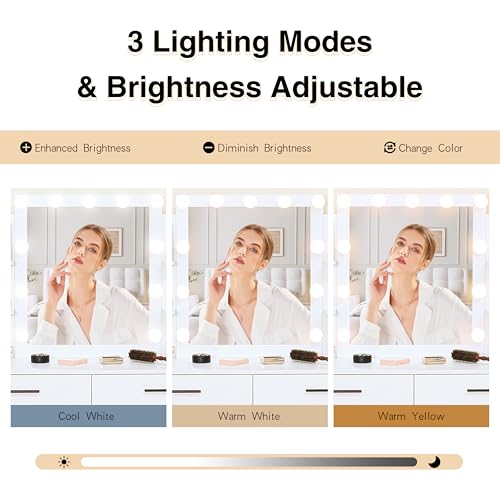 NBYSGO Vanity Desk with Lighted Mirror, Dressing Table Set with 2 Drawers, Power Strip and Stool, 3 Lighting Color Adjustable, Makeup Table for Bedroom - Thumbnail 3