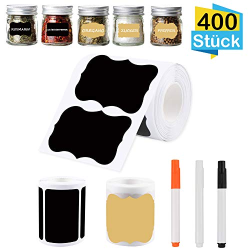 FHzytg - Etiquetas adhesivas para cocina (400 unidades, impermeables, autoadhesivas con 3 rotuladores de tiza borrables, cocinas, parejas para tarros de especias, mermelada