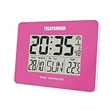 Wecker Funkwecker Funkuhr Funk digital LCD DCF Funk Uhr mit Thermometer Kalender Innentemperatur Wochentag Datum Monat 10 x 3,5 x 7,5 cm pink TELEFUNKEN FUD-40 (PI)
