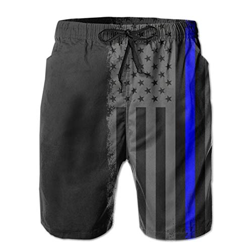 Mens Swim Trunks, Thin Blue Line Distressed American Flag Stars and Stripes Beach Shorts Lightweight Walk Short 3D Printed Drawstring Beach Swimwear Bathing Suits with Pockets Mesh Lining Large