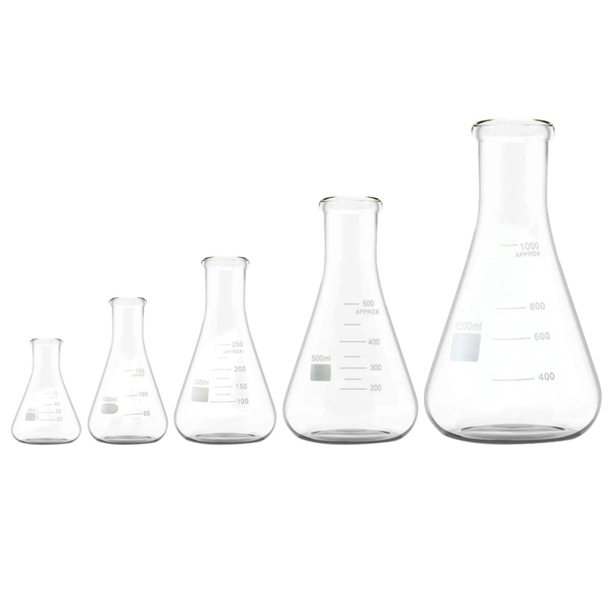Beuta Conica in Vetro Borosilicato, Collo Largo, 5 Pezzi | Matraccio Conico a Collo Largo, Fondo Piatto e Graduazioni Standard, Capacità 50ml 150ml 250ml 500ml 1000ml