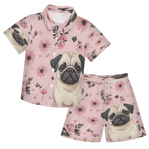 Boccsty Cute Pug Dog Flowers Pink Boy Summer Shorts Sets Hawaiian Toddler Boys T-Shirt & Pants 2 Pcs 3T